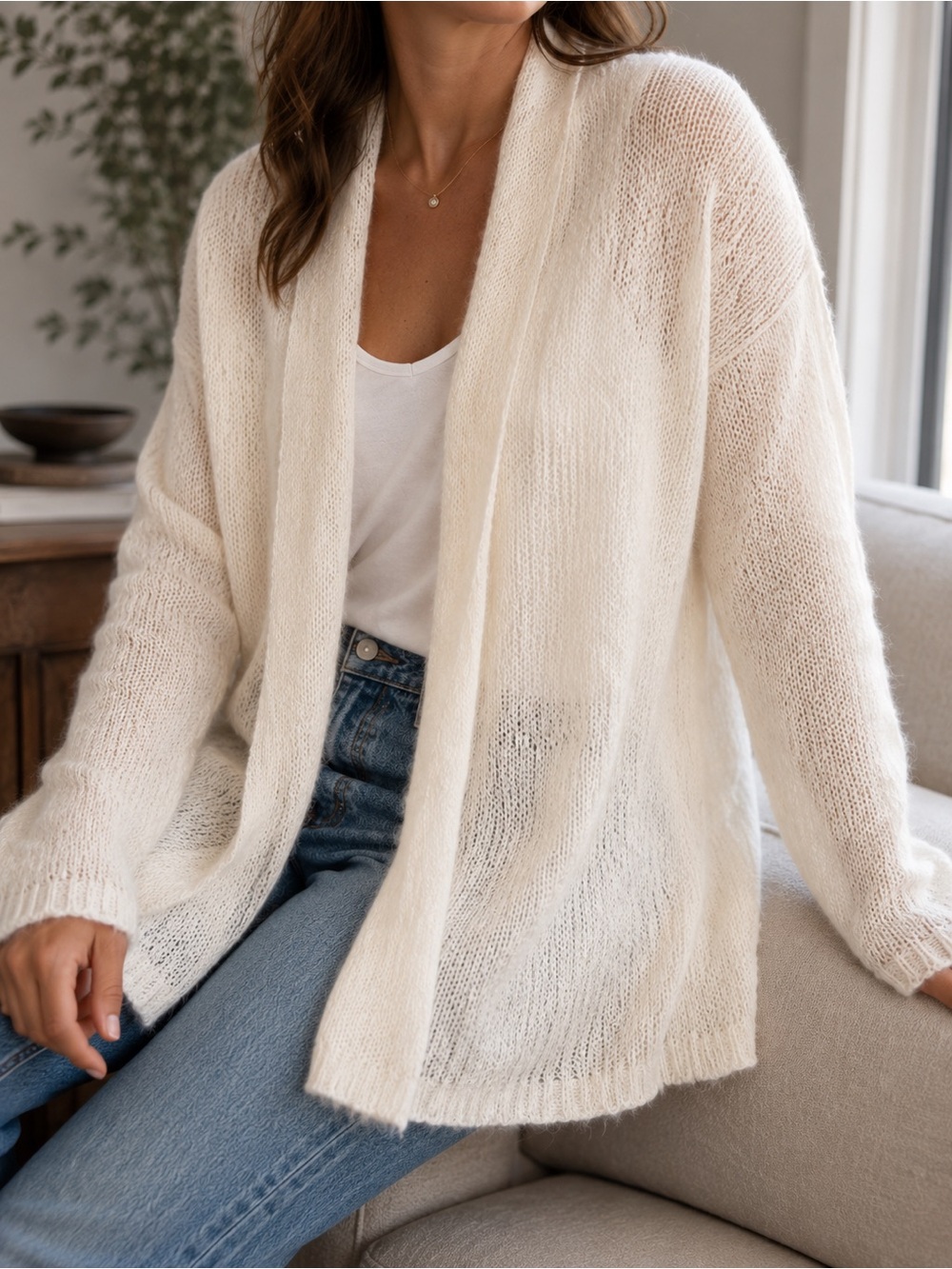 Eileen Fisher Ivory Mohair Merino Wool Open Front Cardigan Sweater Size XL